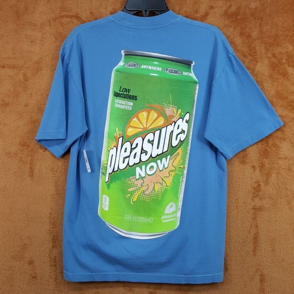 PLEASURES Shirt Mens Large Blue Pullover Crew Graphic Quench Drink T-Shirt